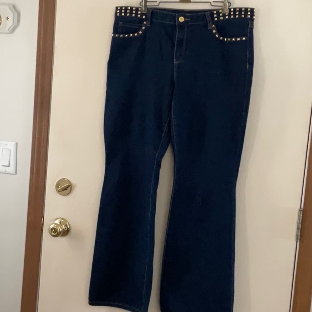 Michael Kors dark blue stretchy wide leg jeans. Studded with gold like details.